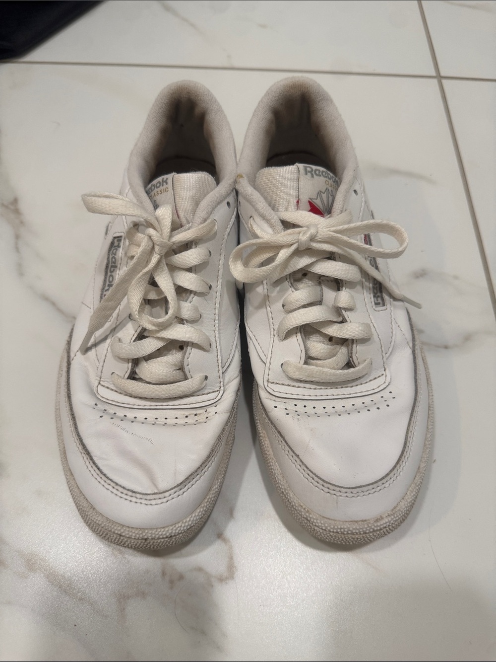 Reebok White Lace-Up Leather Sneakers with Subtle Red Accent